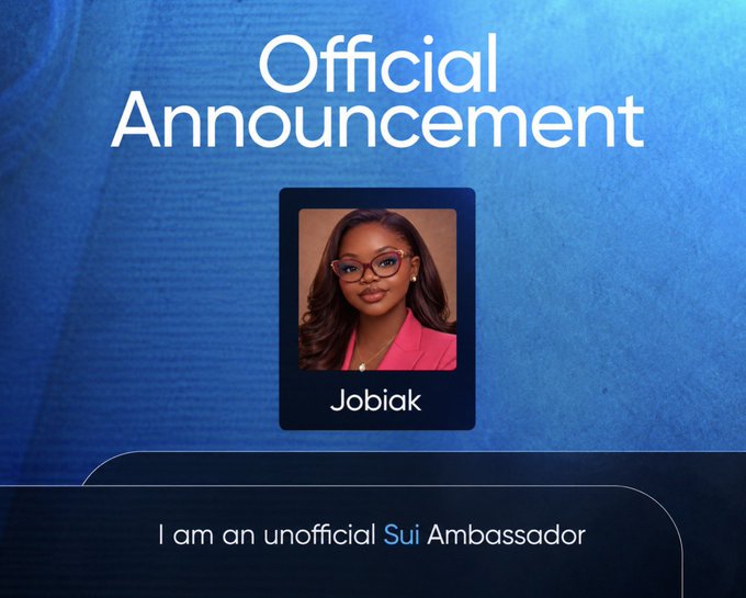 An 'Official Announcement' graphic featuring a profile photo of a woman named Jobiak and a text bubble declaring 'I am an unofficial Sui Ambassador.'