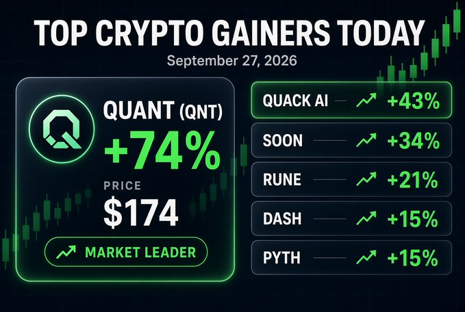 A graphic titled 'TOP CRYPTO GAINERS TODAY September 27, 2026' listing QUANT (QNT) as the market leader at +74% with a price of $174, alongside QUACK AI +43%, SOON +34%, RUNE +21%, DASH +15%, and PYTH +15%.
