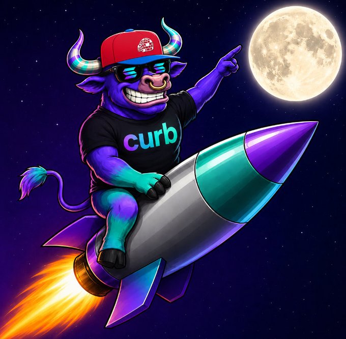 A vibrant cartoon bull with a nose ring, sunglasses, and a red cap rides a rocket to the moon while pointing at the full moon, wearing a black t-shirt with "curb" printed in rainbow letters—visually embodying the bullish, "to the moon" sentiment behind $CURB.