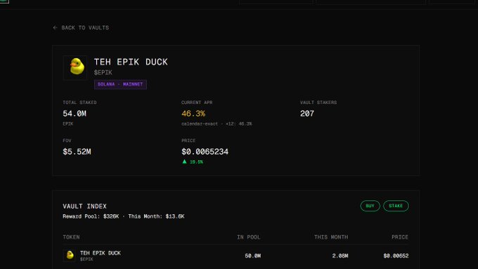 A cryptocurrency staking interface showing 'TEH EPIK DUCK' with 54.0M staked, a 46.3% APR, and a vault index below it.