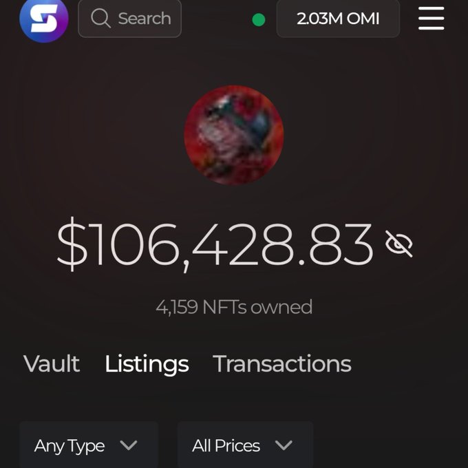 A dark-themed NFT portfolio interface showing a total value of $106,428.83 with 4,159 NFTs owned, a balance of 2.03M OMI tokens, and navigation tabs for Vault, Listings, and Transactions.