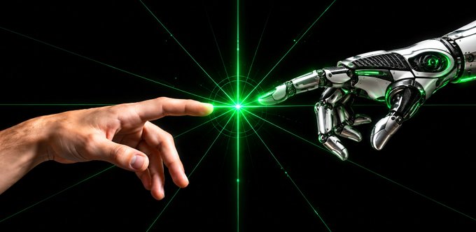 An artistic image showing a human hand and a robotic hand reaching toward each other, their fingertips nearly touching at a glowing green point, reminiscent of the Creation of Adam.