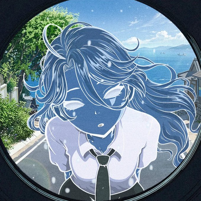 An anime-style illustration of a blue-skinned girl with flowing dark hair and white eyes wearing a white shirt and dark tie, viewed through a circular frame against a coastal background.