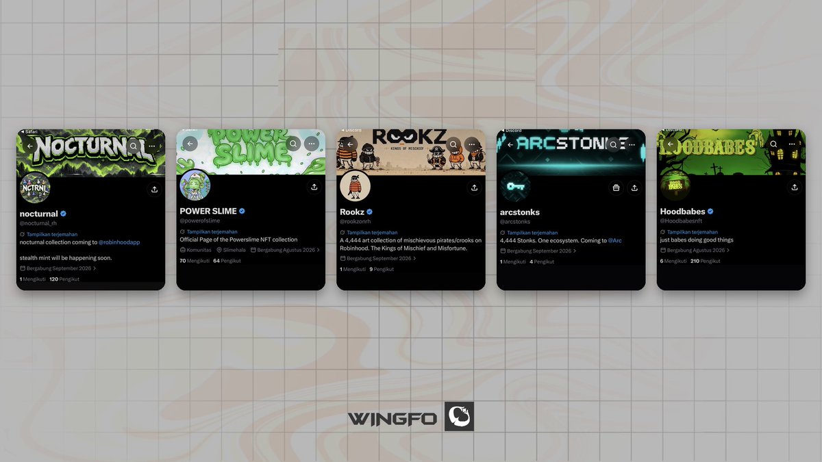 Five NFT project cards displayed in a row: Nocturnal, POWER SLIME, Rookz, arcstonks, and Hoodbabes, showcasing upcoming or recently launched collections with mint counts, dates, and brief descriptions. The Wingfo logo appears at the bottom, and the accompanying text highlights each project's launch plans on Robinhood and Arc platforms.