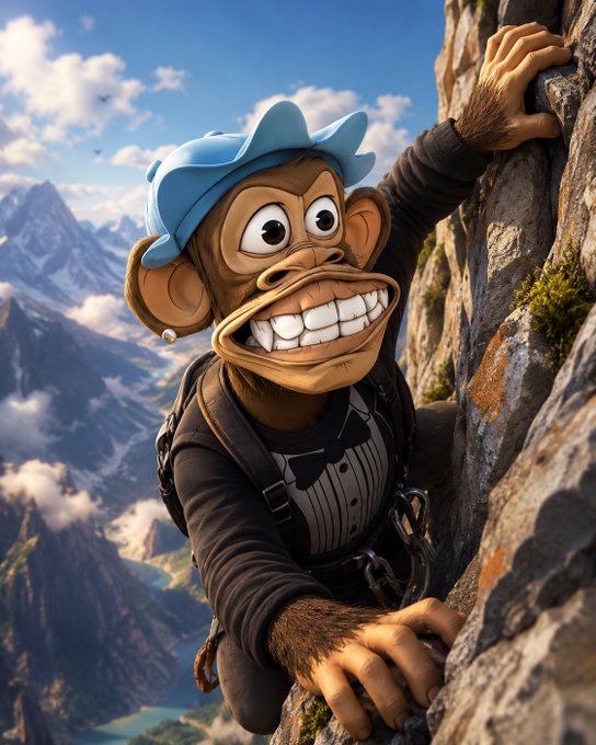 A 3D-rendered cartoon monkey character wearing a blue cap and dark shirt, climbing a rocky cliff face while grinning widely, with mountains and clouds in the background.
