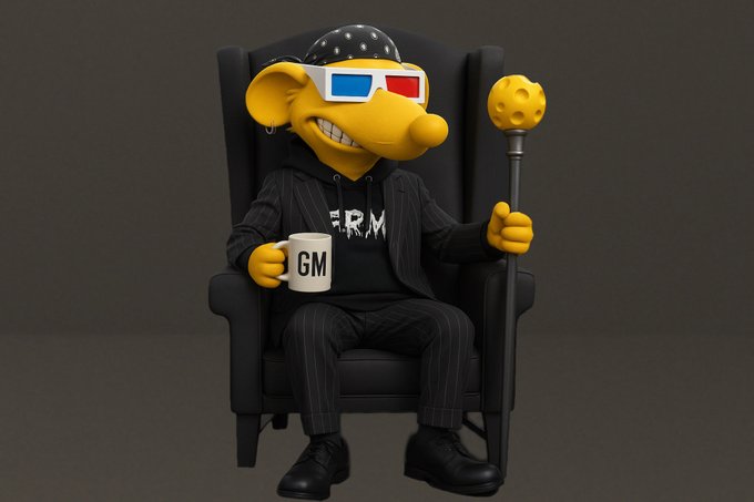 A 3D-rendered cartoon mouse character sits in a black armchair wearing a bandana, 3D glasses, and a suit over a hoodie, holding a mug labeled 'GM' and a yellow scepter.