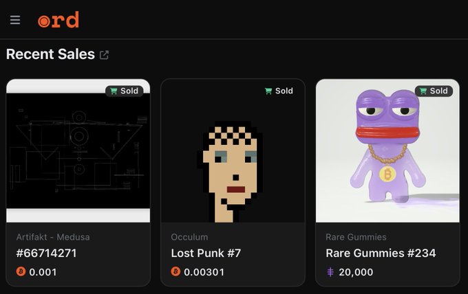 Screenshot of the Ord website displaying Recent Sales including 'Artifakt - Medusa' (#66714271) for 0.001, 'Occulum Lost Punk #7' for 0.00301, and 'Rare Gummies #234' for 20,000, all marked as Sold.