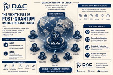 An infographic titled 'THE ARCHITECTURE OF POST-QUANTUM ONCHAIN INFRASTRUCTURE' for DAC Quantum Chain, detailing dual-asset architecture, global decentralized quantum computing power, and real-world impact.