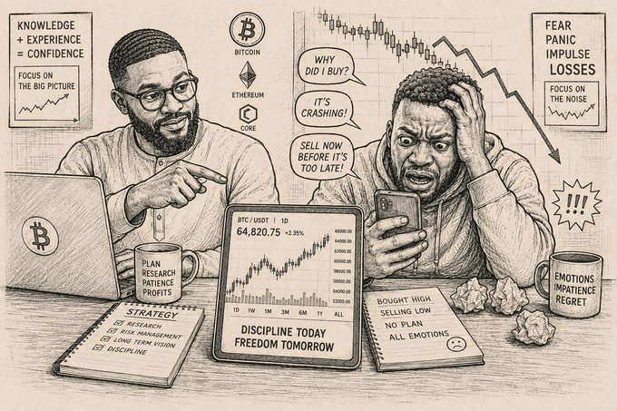 A detailed pencil-style illustration contrasting two approaches to investing, with the left side showing 'KNOWLEDGE + EXPERIENCE = CONFIDENCE' and 'FOCUS ON THE BIG PICTURE,' while the right side depicts panic with text like 'FEAR PANIC IMPULSE LOSSES' and 'FOCUS ON THE NOISE.' Bitcoin (BTC/USDT) is shown crashing on the central screen.