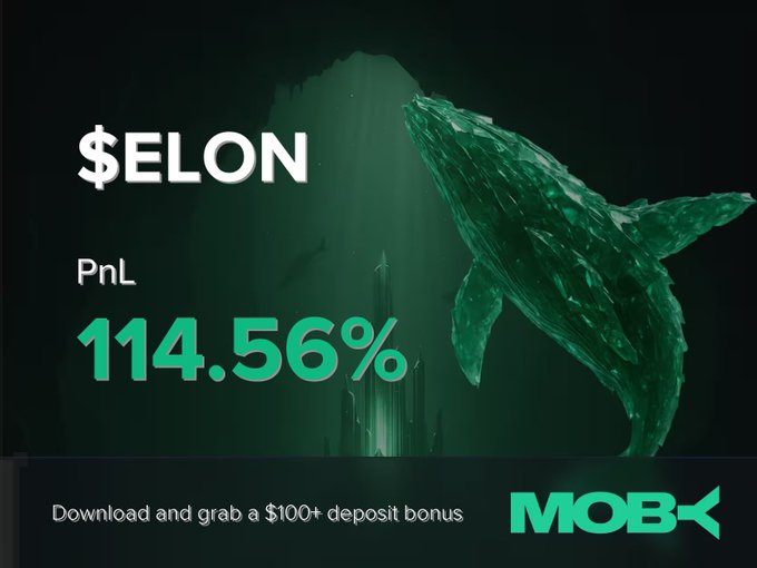 A Moby promotional graphic highlights a +114.56% profit-and-loss return on $ELON, featuring a stylized green crystalline whale—symbolizing the trader who closed the position—against a dark background, with a "$100+ deposit bonus" call-to-action at the bottom.