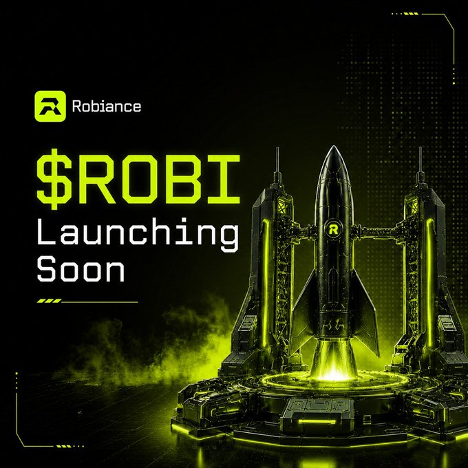 A promotional graphic for Robiance announcing "$ROBI Launching Soon," featuring a futuristic green-lit rocket on a launch pad alongside the Robiance logo. The sci-fi aesthetic visually reinforces the post's message of the token's imminent launch and its position as a new, high-tech onchain order book DEX on Robinhood Chain.
