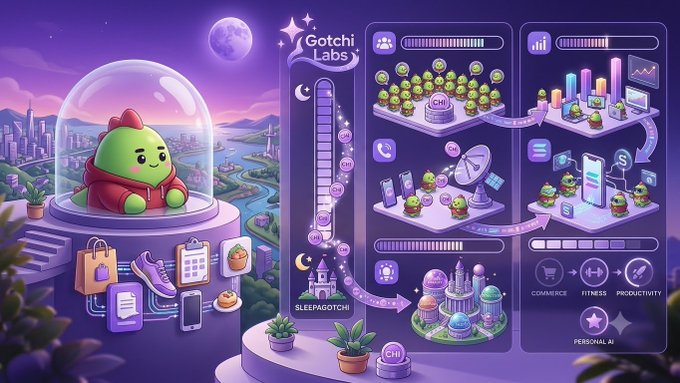 An infographic for 'Gotchi Labs' showing virtual Gotchi characters, levels, and categories like Commerce, Fitness, Productivity, and Personal under a starry night.