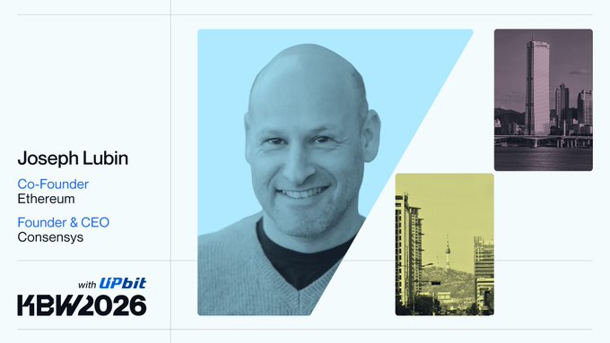 A promotional graphic featuring Joseph Lubin, Co-Founder of Ethereum and Founder & CEO of Consensys, with "KBW2026 with UPbit" branding and images of Seoul cityscapes.