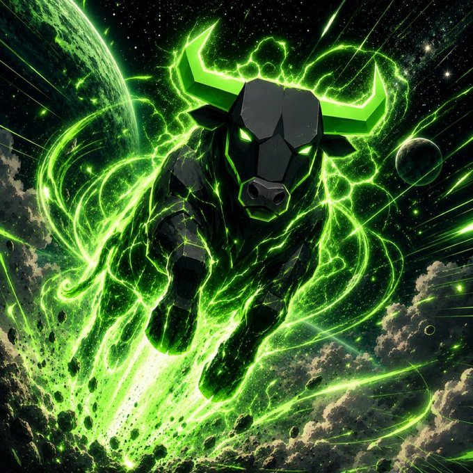 A digital fantasy illustration of a glowing neon green bull made of cracked dark stone and bright energy, charging through space with a planet and asteroids in the background.