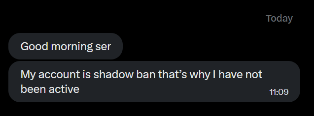 A text message exchange reads "Good morning ser / My account is shadow ban that's why I have not been active" sent at 11:09, illustrating the post's point that many absent creators may have gone silent due to platform actions like shadowbans rather than by choice.