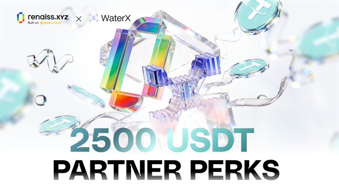 A promotional graphic from Renaiss.xyz partnering with WaterX, featuring 3D translucent crystal-like shapes and floating USDT coin icons, with text reading "2500 USDT PARTNER PERKS" and the Renaiss.xyz × WaterX logo at the top, advertising the 2,500 USDT reward pool available to eligible Renaiss SBT holders.