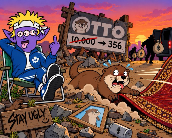 A cartoon illustration depicting a purple alien character in a tracksuit pointing at a sign reading 'OTTO 10,000 → 356', while a crying otter runs away on a magic carpet, with a 'STAY UGLY :)' sign in the corner.