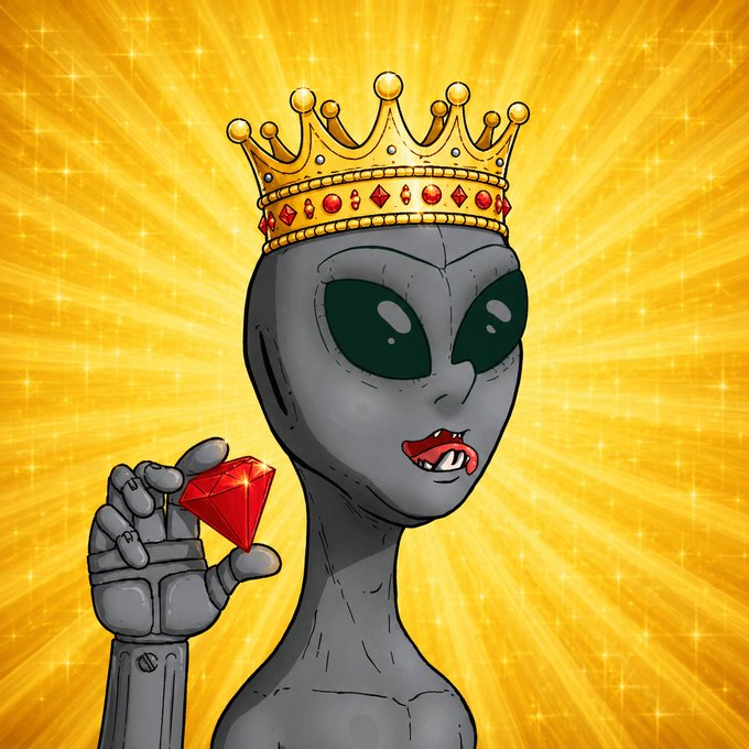 A cartoon alien character wearing a golden crown with red gems, holding a red diamond against a sparkling golden sunburst background.