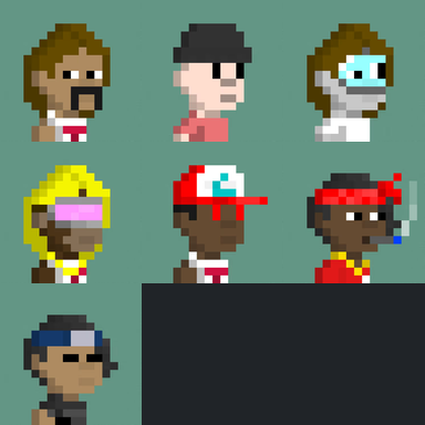 A pixel art graphic displays a grid of seven diverse character avatars in various outfits, set against a dark green background.