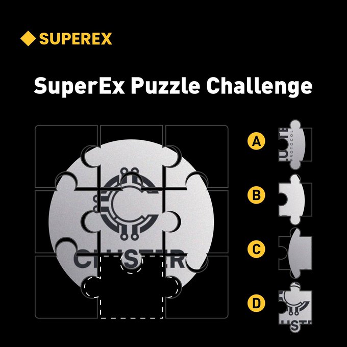 The image displays a SuperEx Puzzle Challenge graphic featuring a partially assembled circular puzzle with a circuit-like design, presenting four labeled options (A, B, C, D) on the right side, with option A highlighted by a yellow selection marker. The puzzle appears to be missing a bottom piece, and participants are invited to guess which option correctly completes the SuperEx-branded image for a chance to win USDT rewards during the September 2026 event.