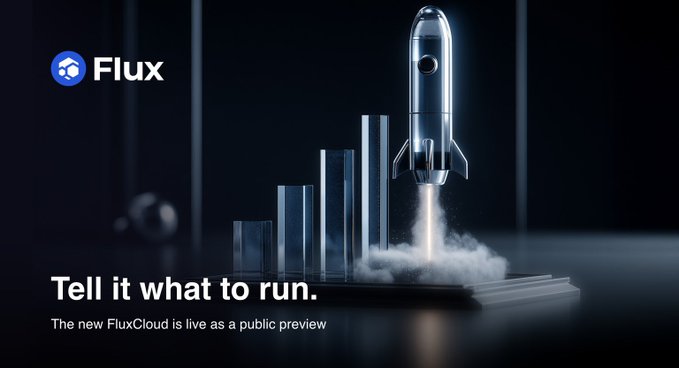A promotional graphic for Flux showing 'Tell it what to run. The new FluxCloud is live as a public preview' with an image of a rocket launching next to ascending bar charts.