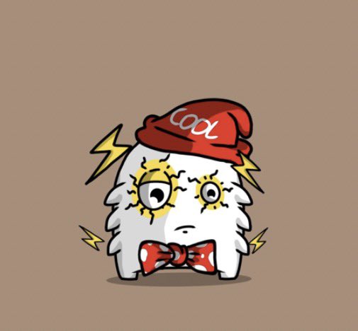 A cartoon illustration of a fuzzy white monster-like character wearing a red beanie labeled 'cool' and a red bow tie, with lightning bolts around it.