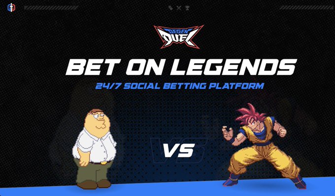 A promotional graphic for a betting platform with the text 'DUEL BET ON LEGENDS 24/7 SOCIAL BETTING PLATFORM' featuring animated characters Peter Griffin and Goku facing off in a 'VS' matchup.
