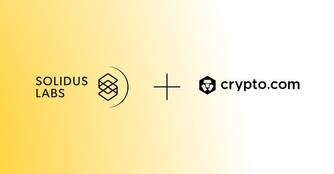 A promotional graphic on a yellow background showing a partnership between Solidus Labs and Crypto.com with a plus sign between their logos.