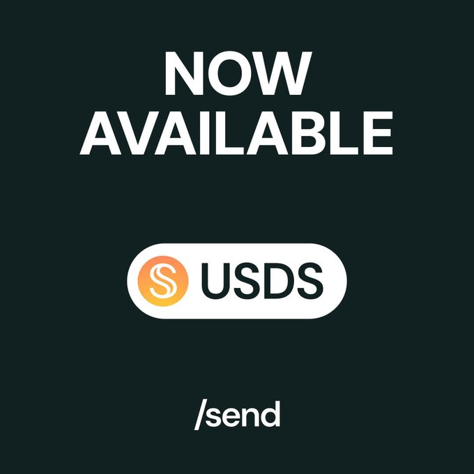 The image features bold white text reading "NOW AVAILABLE" at the top and "/send" at the bottom, set against a dark background. In the center is a white pill-shaped badge displaying the orange Sky/MakerDAO logo alongside the "USDS" ticker, announcing the availability of the USDS stablecoin on the Send platform.