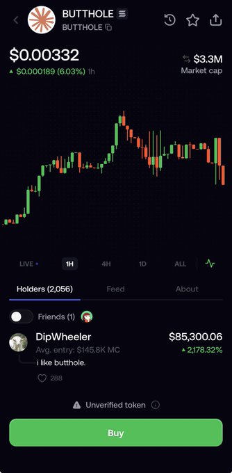 The image shows the Pump.fun trading page for a memecoin called "BUTTHOLE," trading at $0.000332 with a $3.3M market cap, featuring a top holder named "DipWheeler" who holds $85,300 worth of the token with a +2,178.32% gain. This directly supports the post's allegation by showing DipWheeler's substantial position in yet another controversial memecoin (BUTTHOLE), illustrating the pattern of him accumulating massive supply in low-cap tokens across his trades.