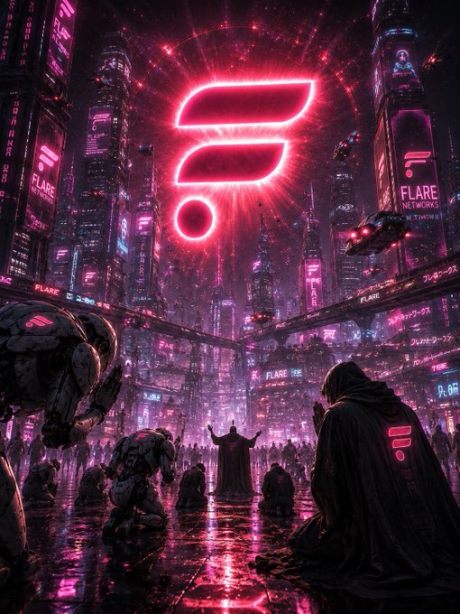 A cyberpunk cityscape dominated by a glowing red 'Flare' logo with hooded figures gathered below amid futuristic skyscrapers and neon signs.