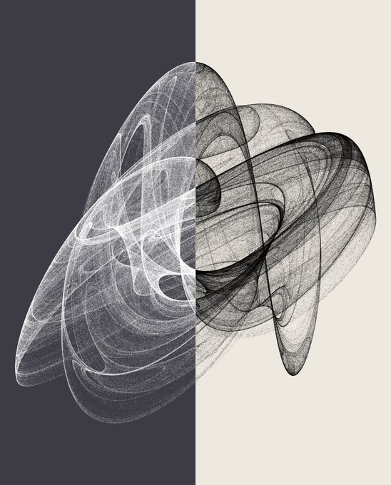 An abstract black and white digital illustration displays swirling, thread-like lines forming a complex, symmetrical shape against a split navy and cream background.