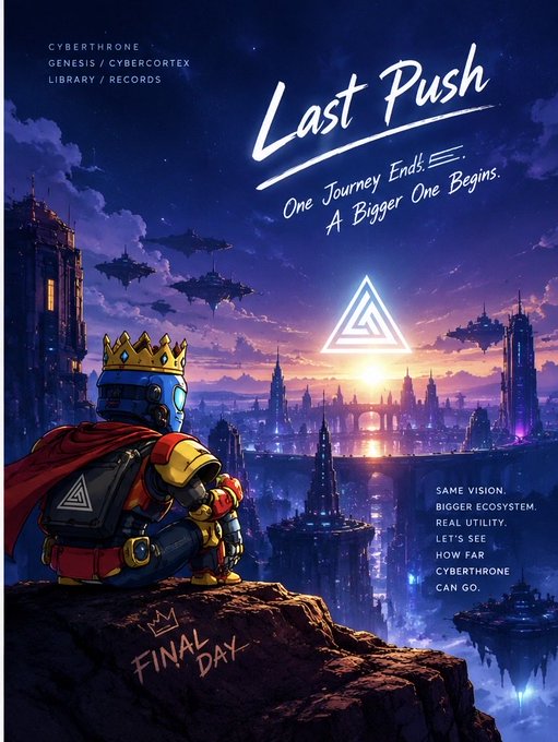 A digital artwork poster titled 'Last Push - One Journey Ends! A Bigger One Begins' for Cyberthrone / Cybercortex Library / Records, featuring a crowned robot king overlooking a futuristic cityscape with the text 'FINAL DAY' on the rock below.