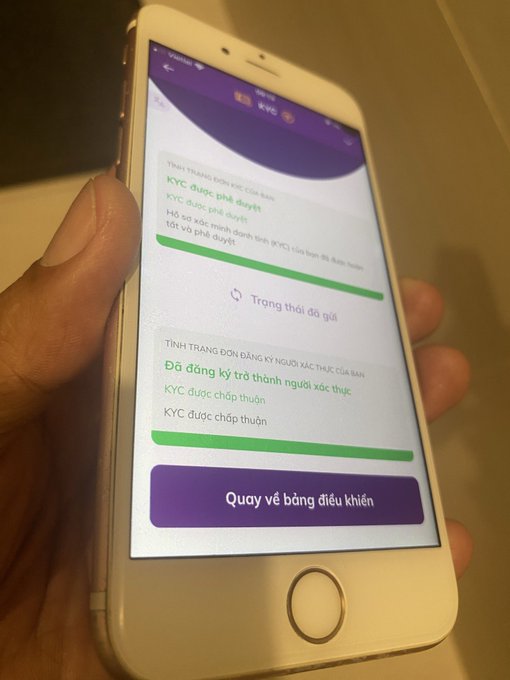 A hand holds a smartphone displaying a Vietnamese-language KYC (Know Your Customer) verification screen with green progress bars and a 'Quay về bảng điều khiển' (Return to dashboard) button.