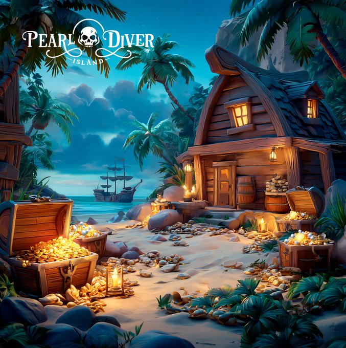 A treasure-filled beach scene with an open treasure chest overflowing with gold coins, a pirate ship anchored offshore, and a wooden cabin, branded with the "Pearl Diver Island" logo, visually promoting the play-to-earn game's real USDT rewards.