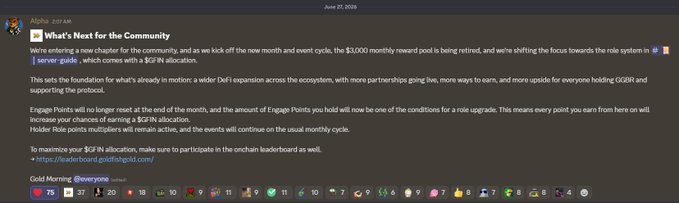 A Discord announcement from Alpha in #goldfishggbr on June 20, 2026, titled "What's Next for the Community," outlines changes including the discontinuation of the $3,000 monthly reward pool, a shift to a role system tied to $GFIN allocation, and updated Engagement and Holder Role Point rules—aligning with the post about the June reward pool being the final month and the focus moving to a $GFIN-based role system.