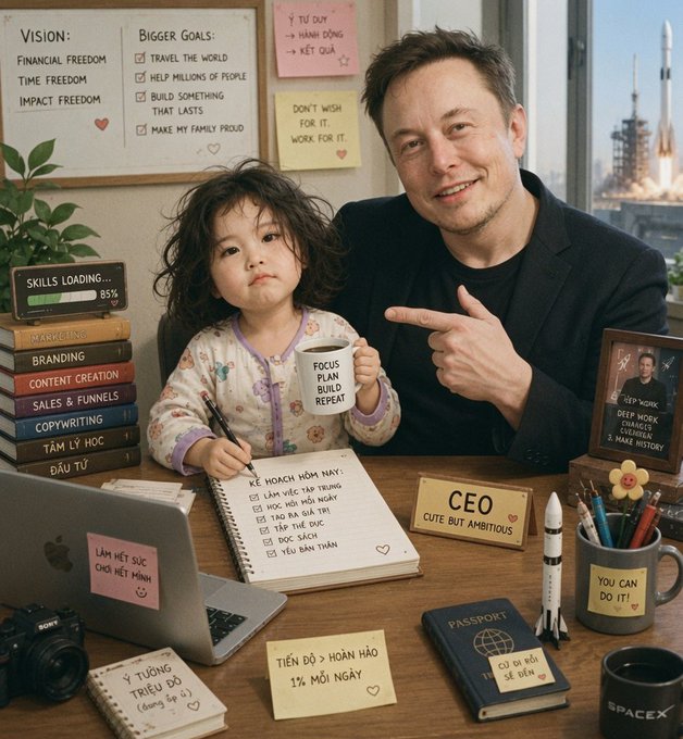 A digitally edited image shows Elon Musk smiling and pointing at a young girl sitting at a desk with sticky notes reading 'VISION:', 'BIGGER GOALS', 'FOCUS PLAN BUILD REPEAT', 'CEO CUTE BUT AMBITIOUS', and various other motivational phrases in English and Vietnamese.