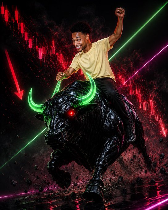 A young man in a yellow shirt riding a black bull with glowing green horns and red eyes against a backdrop of red stock charts and neon lines.