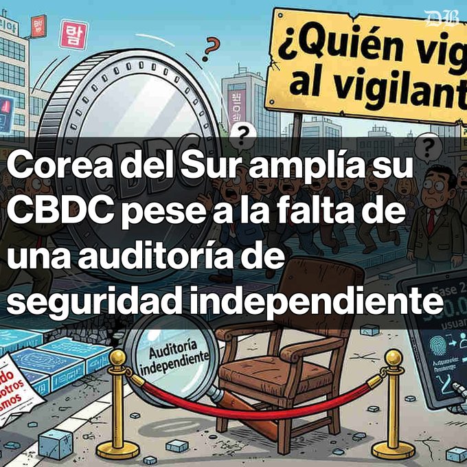 A Spanish-language news graphic reading 'Corea del Sur amplía su CBDC pese a la falta de una auditoría de seguridad independiente' over an illustration showing an empty chair labeled 'Auditoría independiente' behind a rope, a magnifying glass, and a crowd of concerned onlookers.