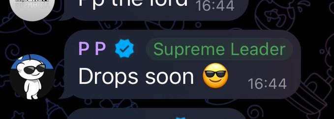 A Discord message from a user with a "PP" profile, a verified badge, and a "Supreme Leader" role announces "Drops soon 😎" at 16:44, promoting their Telegram group where they share tips.