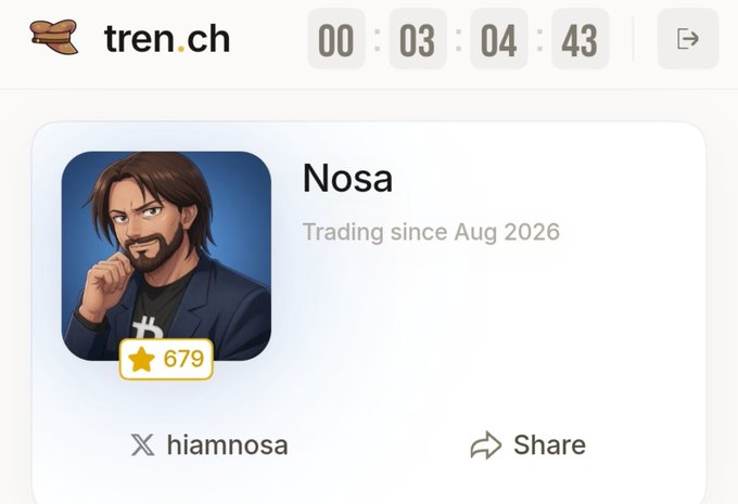 A countdown timer shows 3 hours, 4 minutes, and 43 seconds remaining before tren.ch launches, alongside a user profile for "Nosa" (@hiamnosa) with 679 stars, who has been trading since August 2026. The image reinforces the post's urgency by displaying the ticking clock for onboarding to the trenches platform.