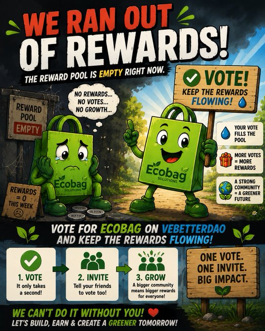 A promotional cartoon graphic for "Ecobag" featuring sad and happy mascot characters, with bold text declaring "WE RAN OUT OF REWARDS! THE REWARD POOL IS EMPTY RIGHT NOW" and urging viewers to "VOTE FOR ECOBAG ON VEBETTERDAO AND KEEP THE REWARDS FLOWING!" The image ties to the #vechain #Ecobag tags by encouraging community voting on the VeBetterDAO platform to refill an empty reward pool, emphasizing that more votes equal more rewards for the eco-friendly initiative.