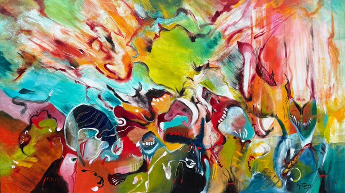 A vibrant abstract expressionist acrylic painting bursts with dynamic, overlapping figures rendered in vivid reds, yellows, greens, and blues, conveying a sense of joyful movement and energy across its 80x140cm canvas. Signed by the artist, the 1/1 NFT/physical piece visually embodies the post's theme of "The Shape of Joy in Motion."