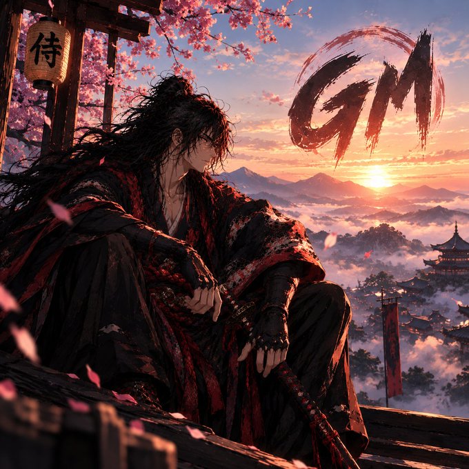 Anime-style digital art of a long-haired warrior in dark red and black robes sitting beneath cherry blossoms at sunset, with the stylized text 'GM' and a Japanese lantern in the background.