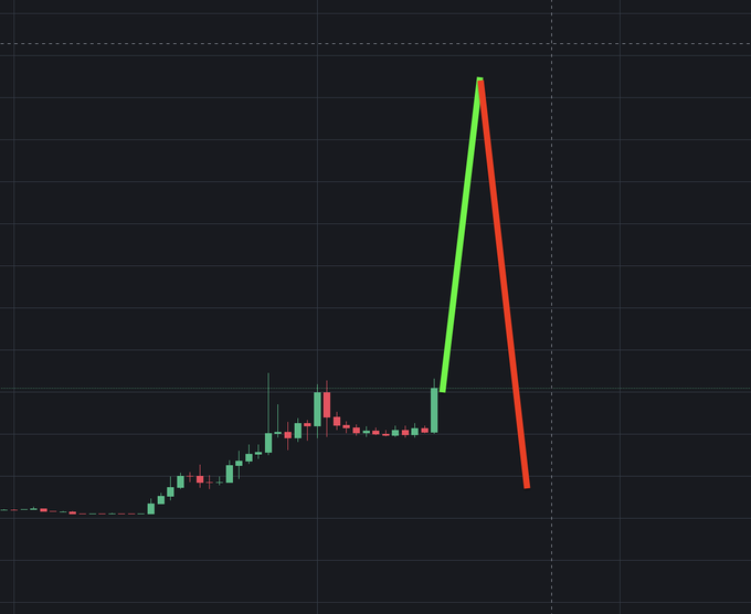 A stock chart shows a dramatic price spike followed by a steep red decline, visually illustrating the post's warning that shorting $AKE would be "financial suicide." The sharp vertical surge and subsequent crash serve as a cautionary example of the risks of betting against the stock.