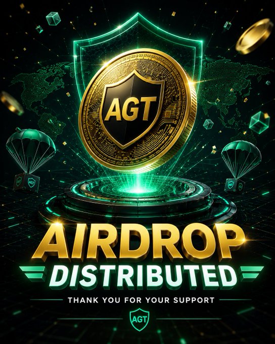 A digital graphic celebrates the completed "$AGT" airdrop distribution, featuring a gold coin and shield emblem surrounded by parachutes delivering airdrop packages, with bold text reading "AIRDROP DISTRIBUTED" and "THANK YOU FOR YOUR SUPPORT" against a glowing green tech-themed background. The visual reinforces the post's message of a successful token distribution to the community.