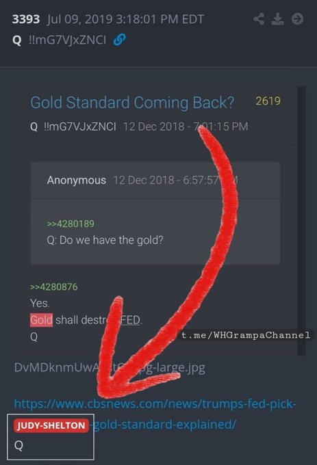 A screenshot from an online chat thread titled "Gold Standard Coming Back?" dated December 2018, with a red hand-drawn arrow pointing toward a CBS News link about the gold standard, and a "JUDY-SHELTON" label highlighted in red at the bottom.