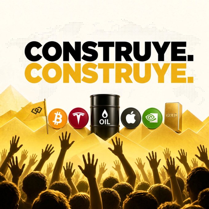 A promotional graphic with the text 'CONSTRUYE. CONSTRUYE.' featuring illustrations of various assets including Bitcoin, Tesla, Oil, Apple, a generic tech stock, and Gold, set above a silhouetted cheering crowd with raised hands.