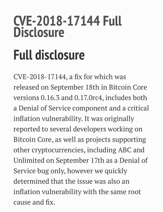 A text excerpt titled "CVE-2018-17144 Full Disclosure," detailing a critical Bitcoin Core vulnerability involving both a Denial of Service component and an inflation vulnerability patched in versions 0.16.3 and 0.17.0rc4.