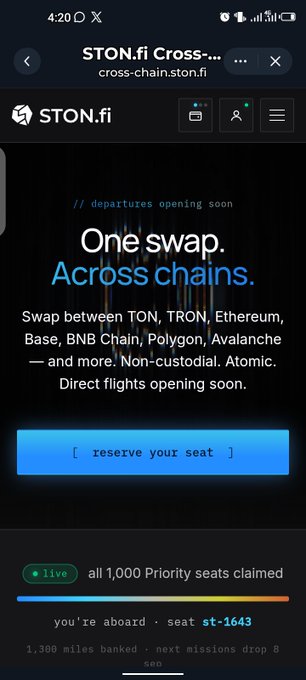 A mobile screenshot of the STON.fi website promoting their 'cross-chain' service with the tagline 'One swap. Across chains.' and a 'reserve your seat' button.